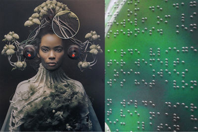 A striking fine art piece featuring a woman in an ornate headdress with textured, elevated print displayed alongside a Braille application.